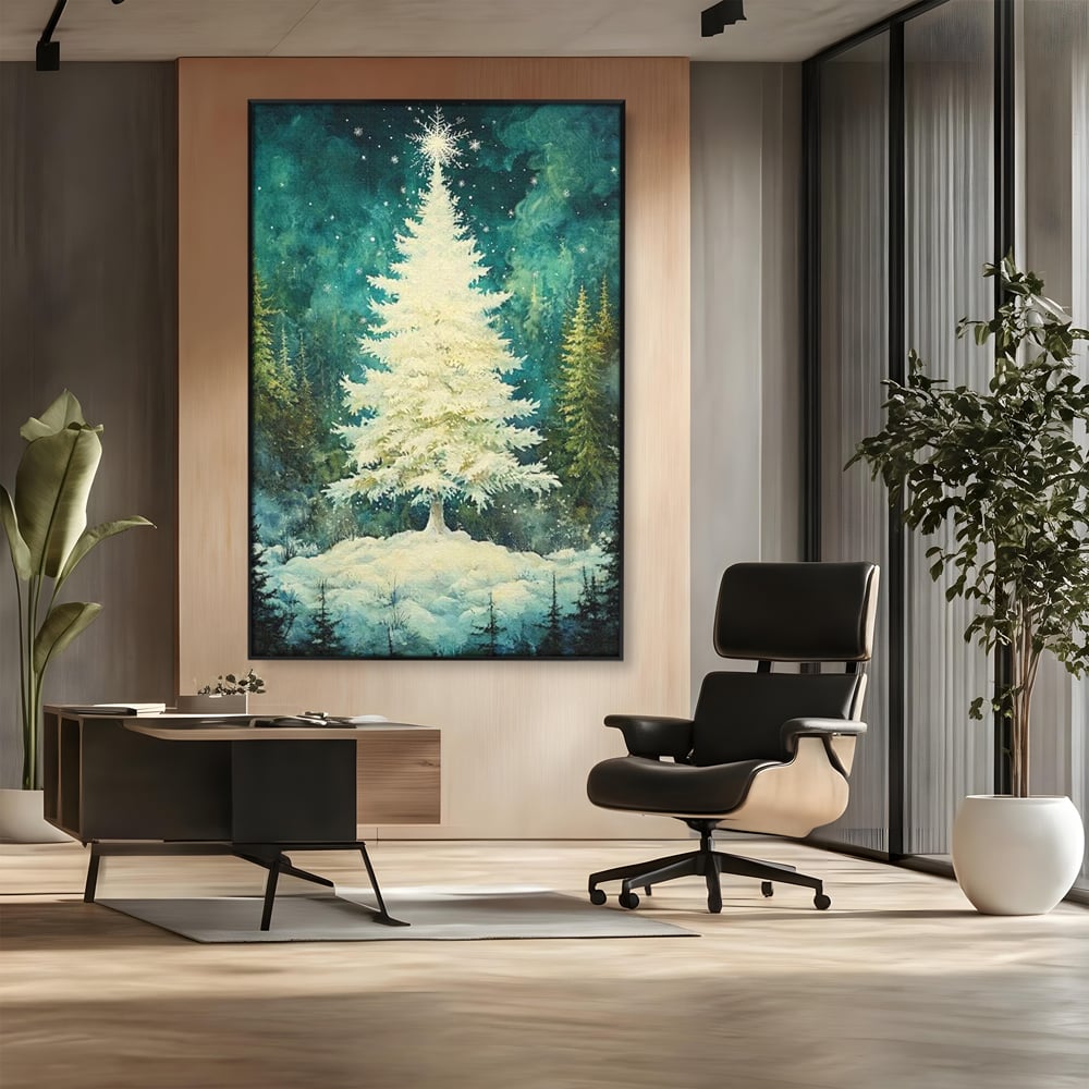 Tablou canvas cu pictura cu brad alb inzapezit, in rama de aluminiu negru, pe perete intr-un birou